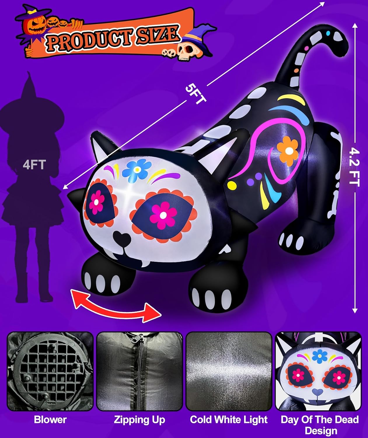 5 Ft Day of The Dead Halloween Inflatables Skeleton Black Cat with Sugar Skull