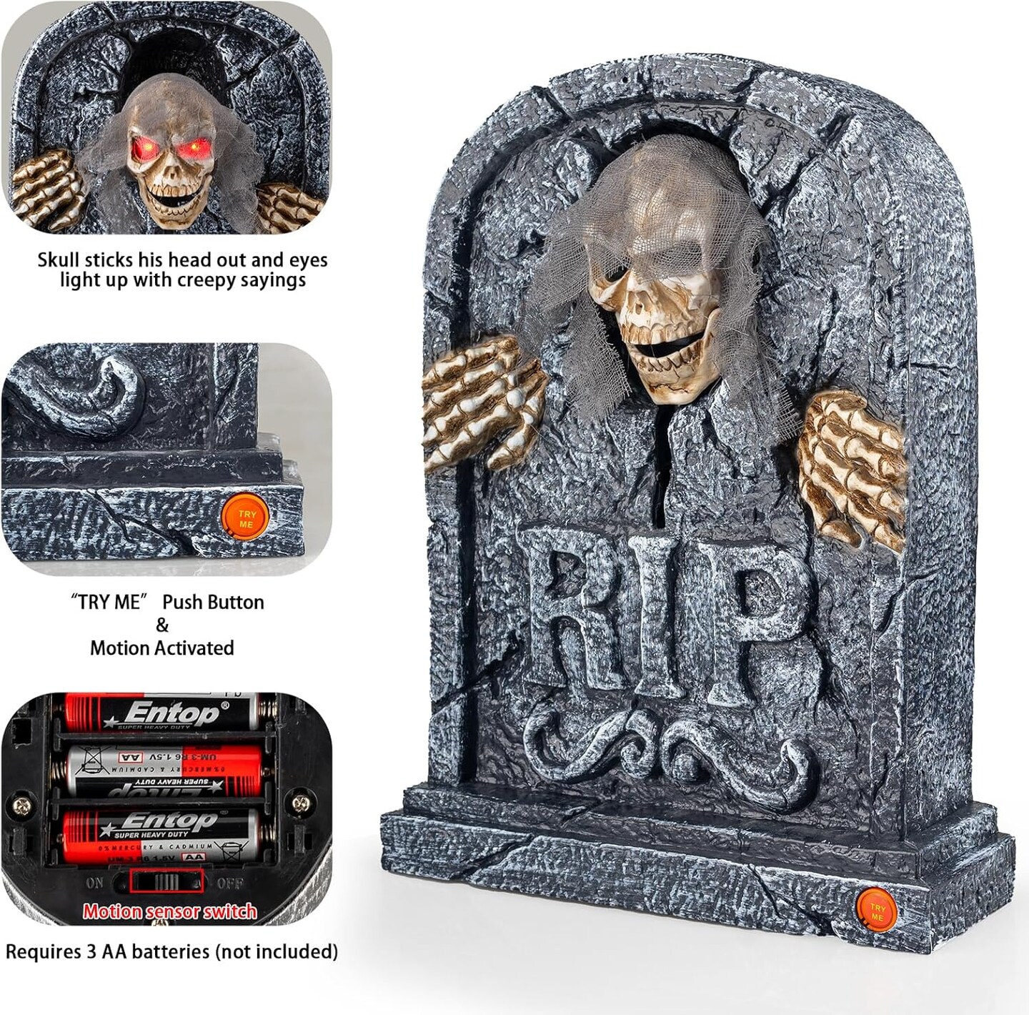 Motion Activated Halloween Animatronics Zombie Tombstone - LED Gravestone Decorations with Spooky Skeleton Skull Head, Light Up Eyes, Creepy Voice, Scary Motion Haunted Horror Prop for Indoor/Outdoor