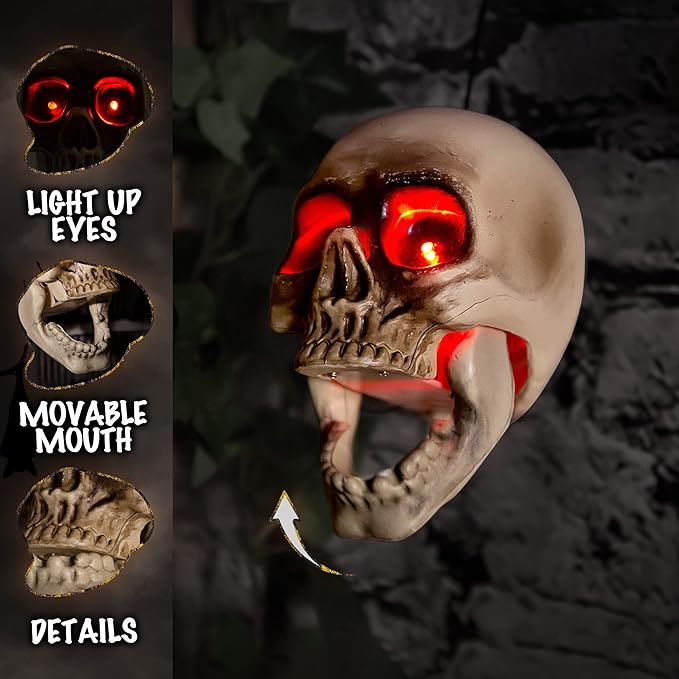 Heads Decorations - Animated Floating Skeleton with Sound Activated, Creepy Voice, Spooky Skull, Light Up Eyes, Scary Move Haunted Horror Prop for Indoor, Outdoor