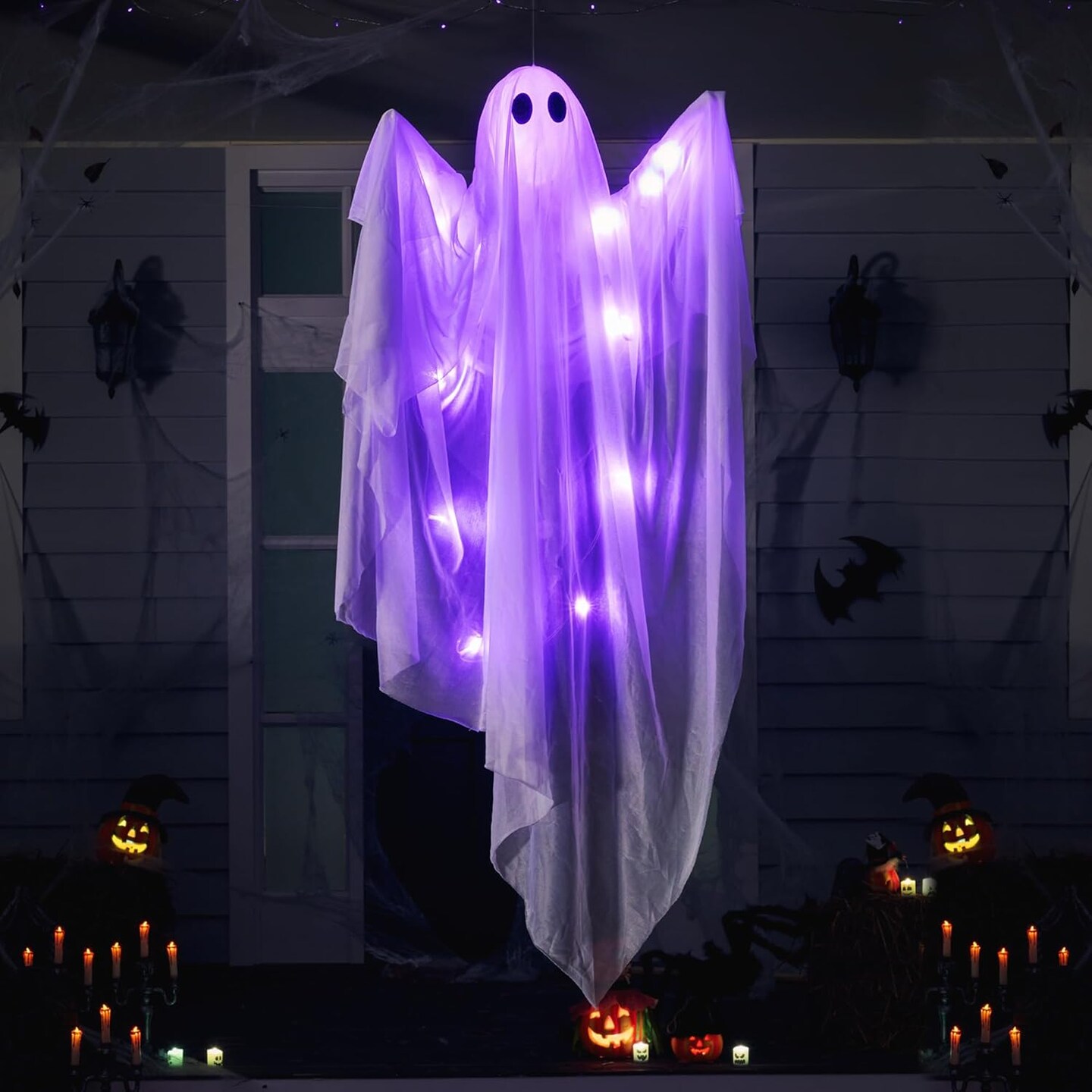 Halloween Hanging Light up Ghost with Spooky Purple LED Light, 47” White Hanging Ghosts, Halloween Hanging Decoration for Front Yard Patio Lawn Garden Party Decor Indoor Outdoor