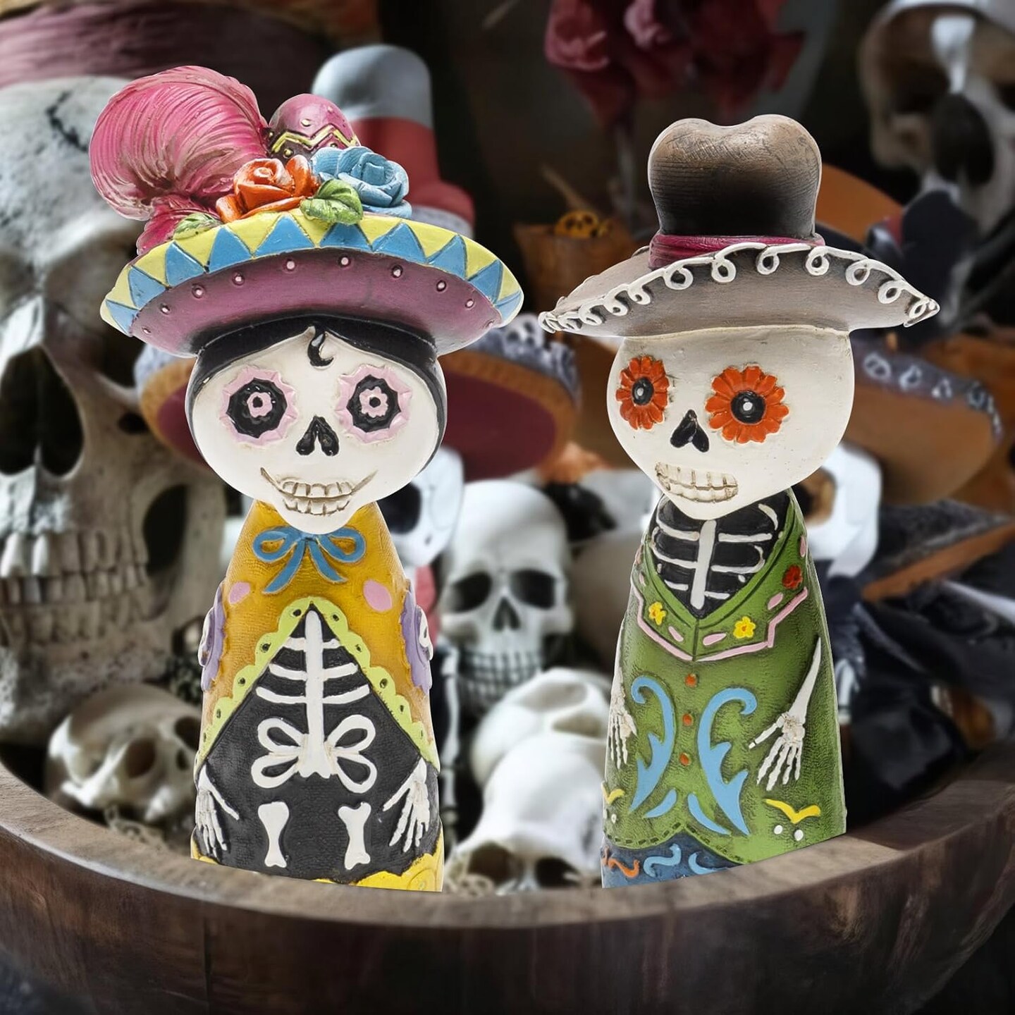 Altar Ofrenda Sugar Skulls Couple Decorations for Home Table, Catrinas Mexican Resin Statue Halloween Skeleton Gifts
