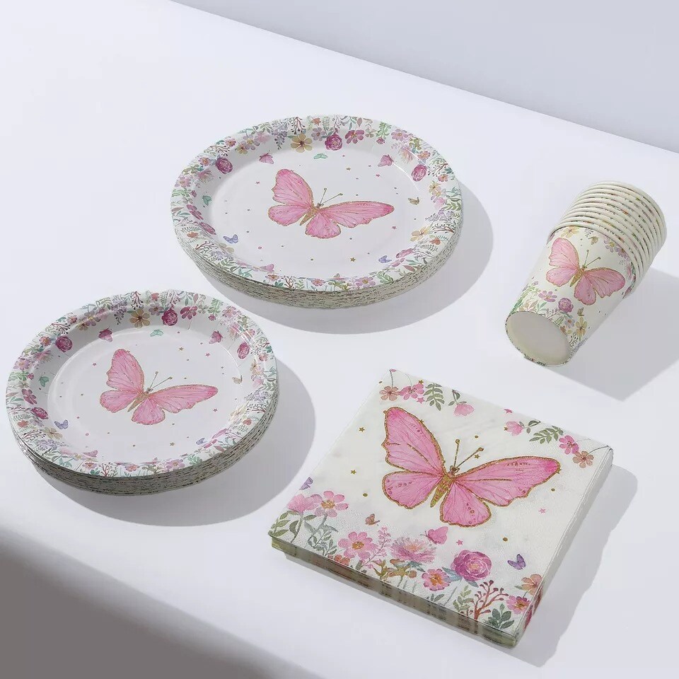 96 White Pink Butterfly Print Disposable Tableware Set Party Events Decorations