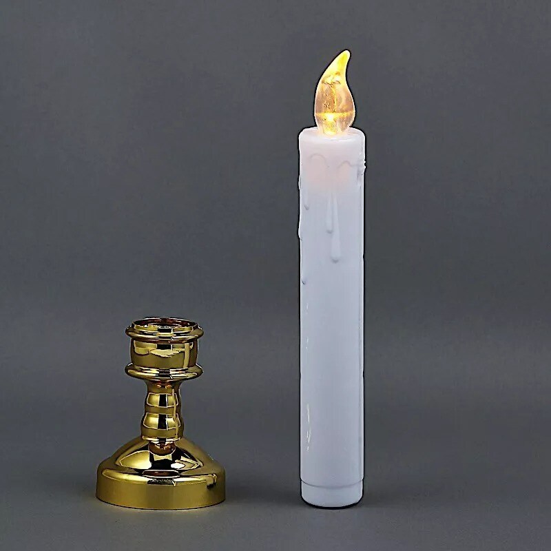 6 White Gold 10" LED Taper Candles Lights Candle Holders Wedding Centerpieces
