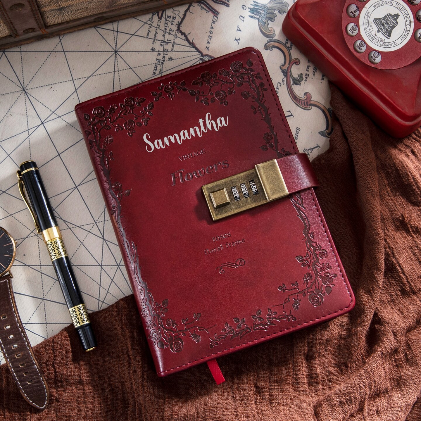 product name is Personalized Journal for Women, Vintage Diary with Lock, PU Leather, Password Lock Personal Planner, Perfect Gift, In 7 Stunning Colors.