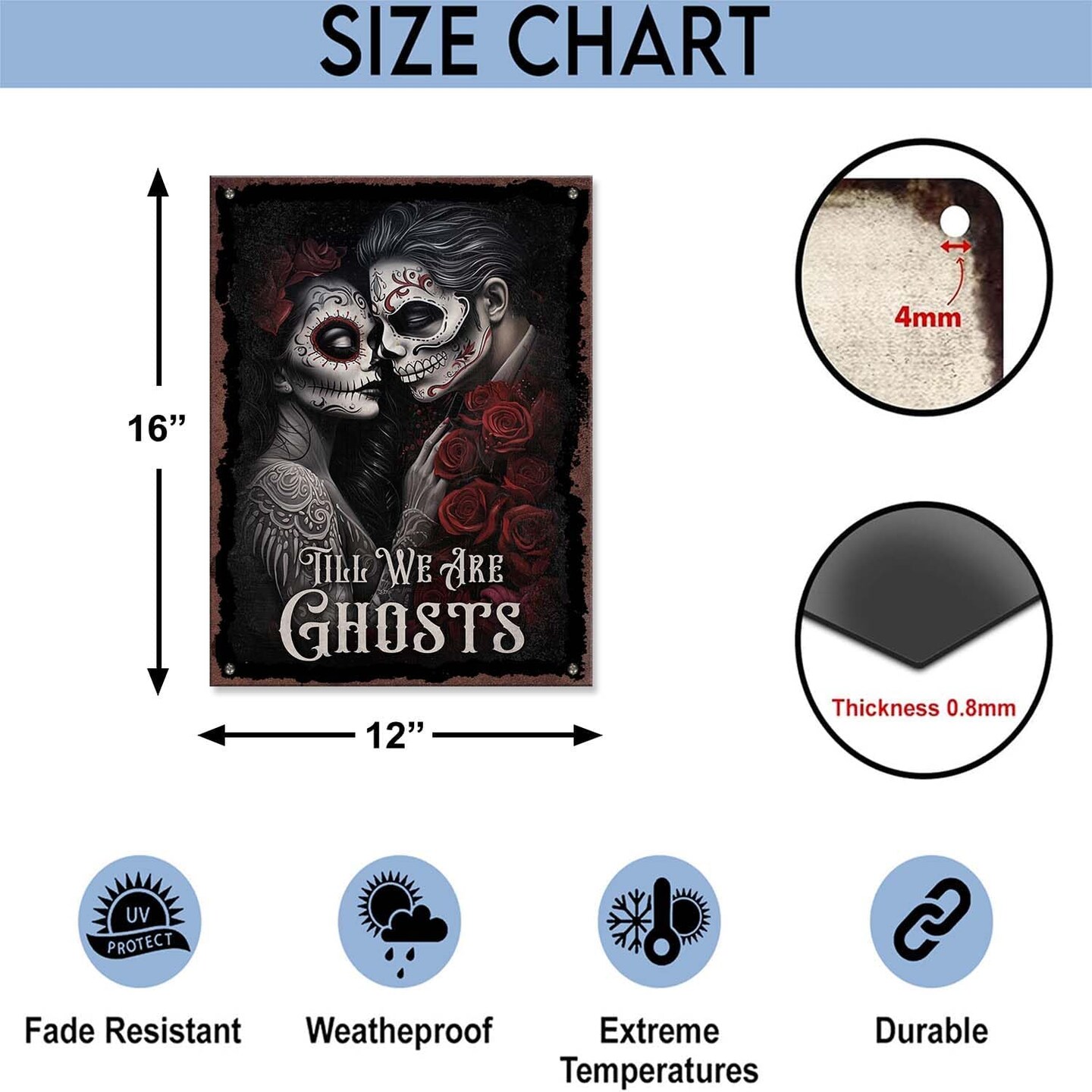 Couple Printed Metal Sign, 11.8x15.7 Inches, Gothic Skull Couple Valentines Decor, Romance Sugar Skull Lady Couple Wall Art; Gothic Bedroom Decor