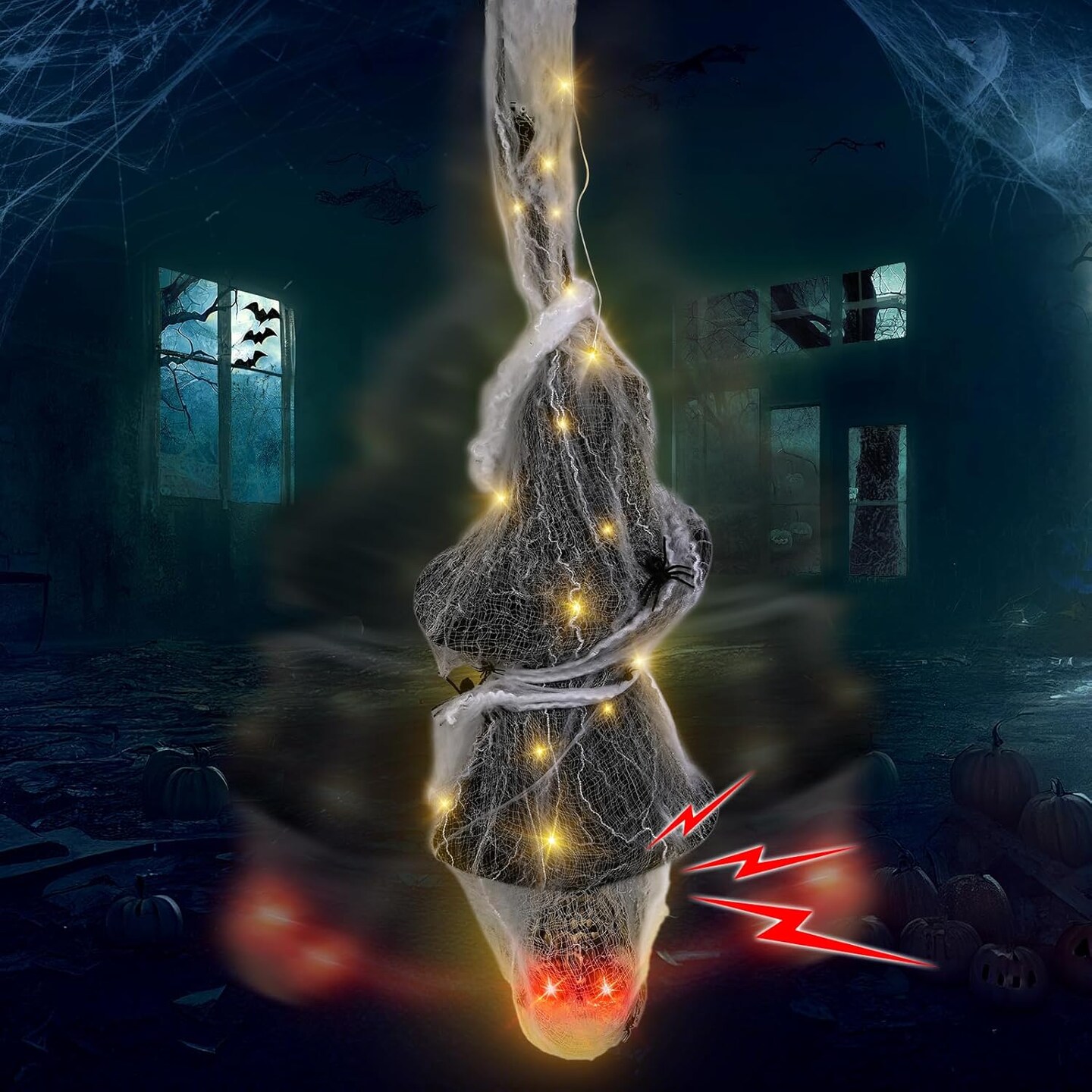 Halloween Decoration Cocoon Corpse, Animated Scary Hanging Dead Body Prop with Light Full Body LED Eye & Spooky Sound, Halloween Outdoor Yard, Lawn Decoration, Haunted House Decor