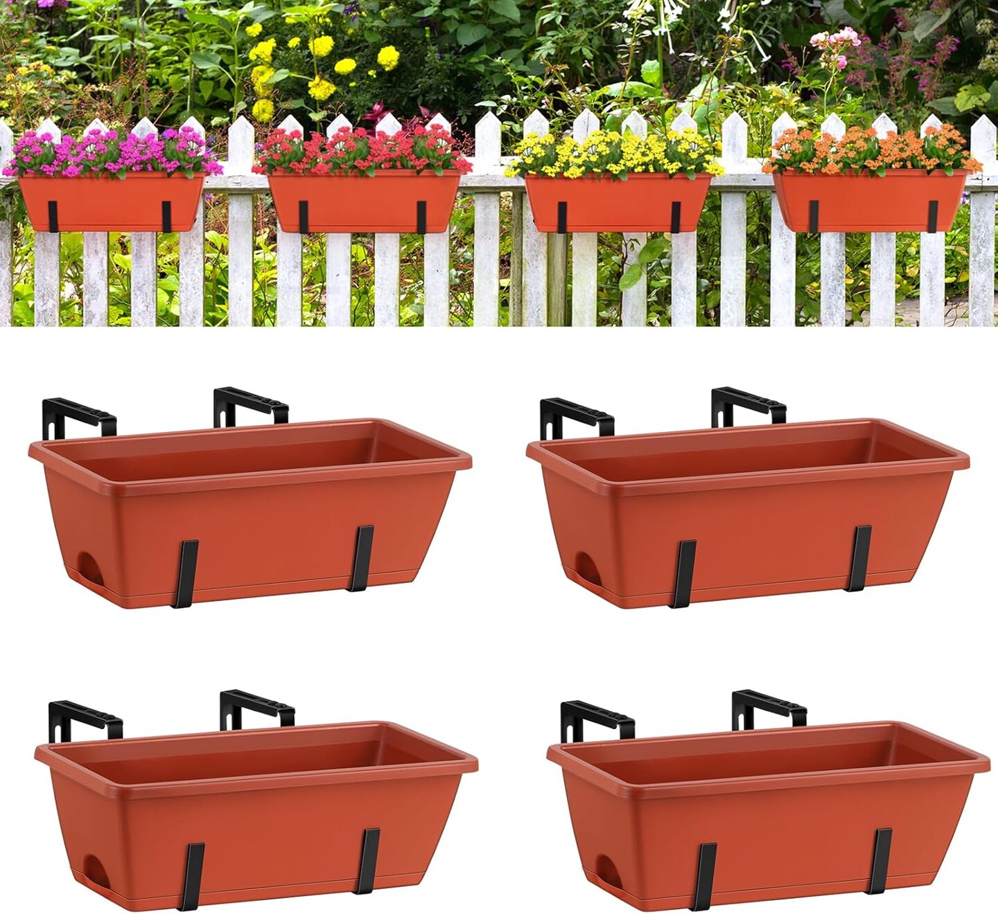 Window Boxes Planters 17’’ Railing Planter Box with Adjustable Brackets, 4 Pack Hanging Deck Railing Planters Rectangular Flower Pots for Outdoor Patio Balcony Fence