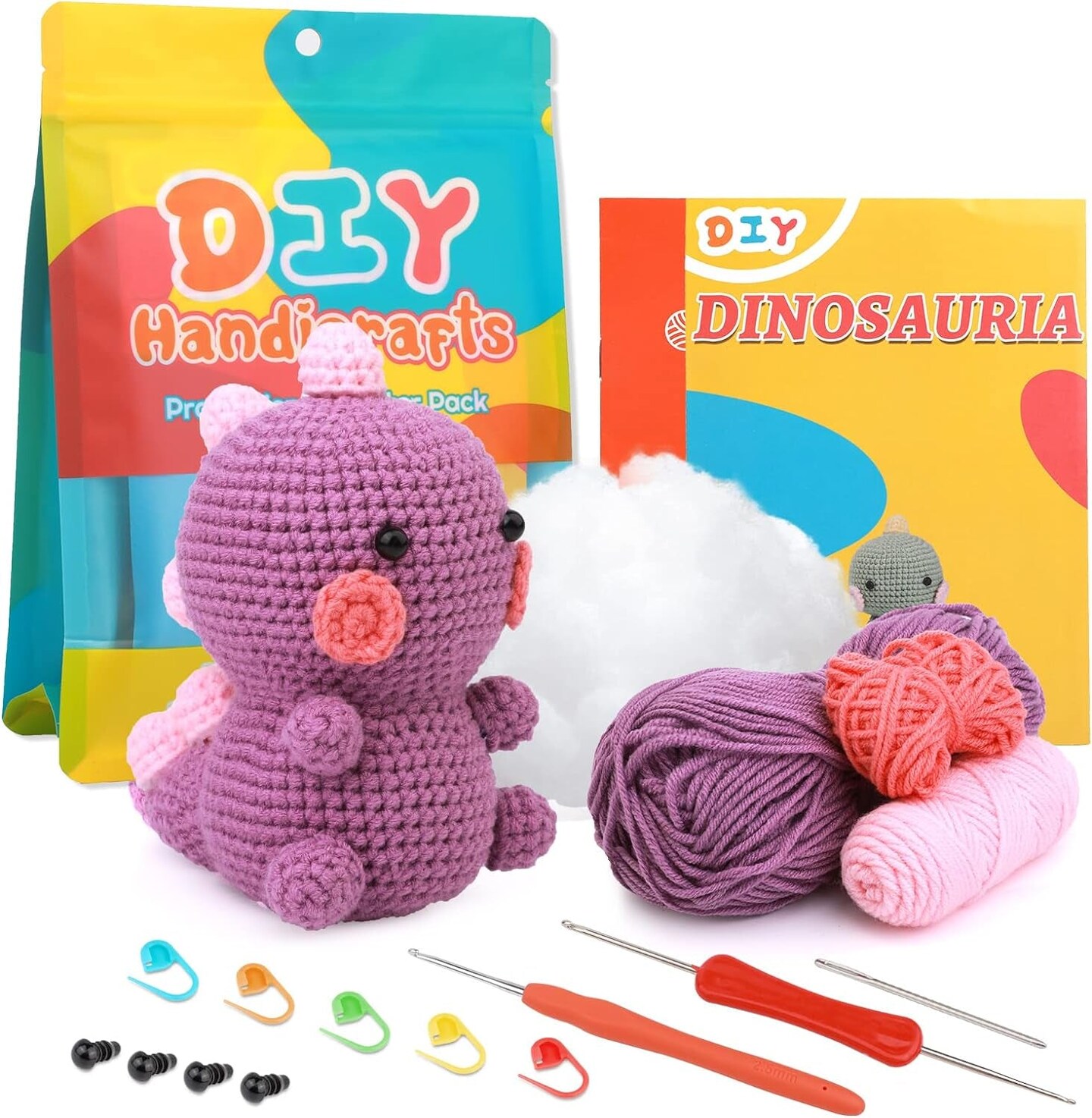 Beginners Crochet Kit, Crochet Animal Kit, Knitting Kit with Yarn, Polyester Fiber, Crochet Hooks, Step-By-Step Instructions Video, Crochet Starter Kit for Beginner DIY Craft Art (Dinosaur)