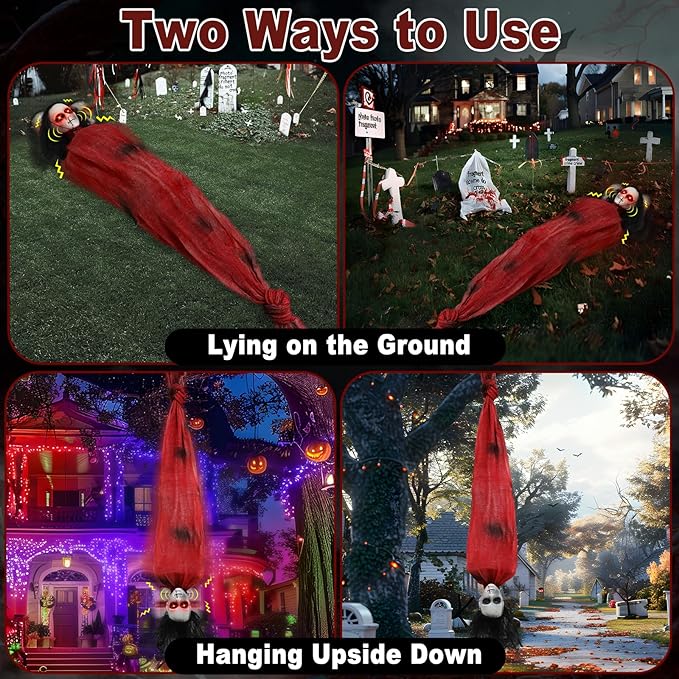 Decorations Animatronic Dead Victim with Creepy Girl Laughter Light Up Red Eyes Shake Head Sound Activated Halloween Prop for Haunted House Yard Decor