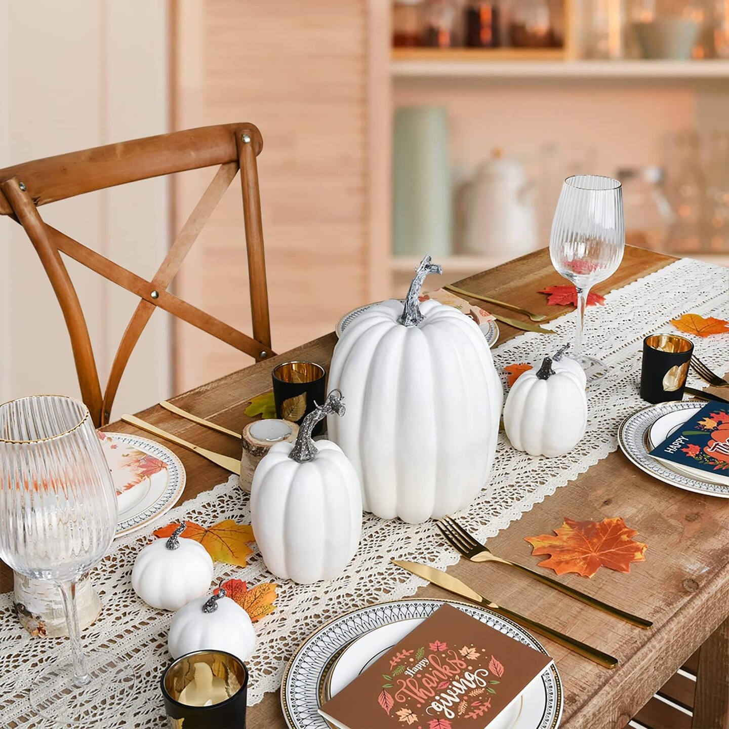 7Pcs Thanksgiving Artificial White Pumpkin Home Decoration Sets, Artificial Vegetables Pumpkin for Fall Halloween Home Decor