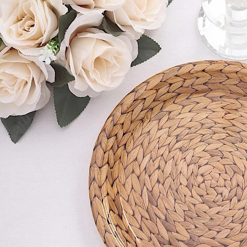 25 Natural 9&#x22; Woven Rattan Print Paper Dinner Plates Party Events Decorations