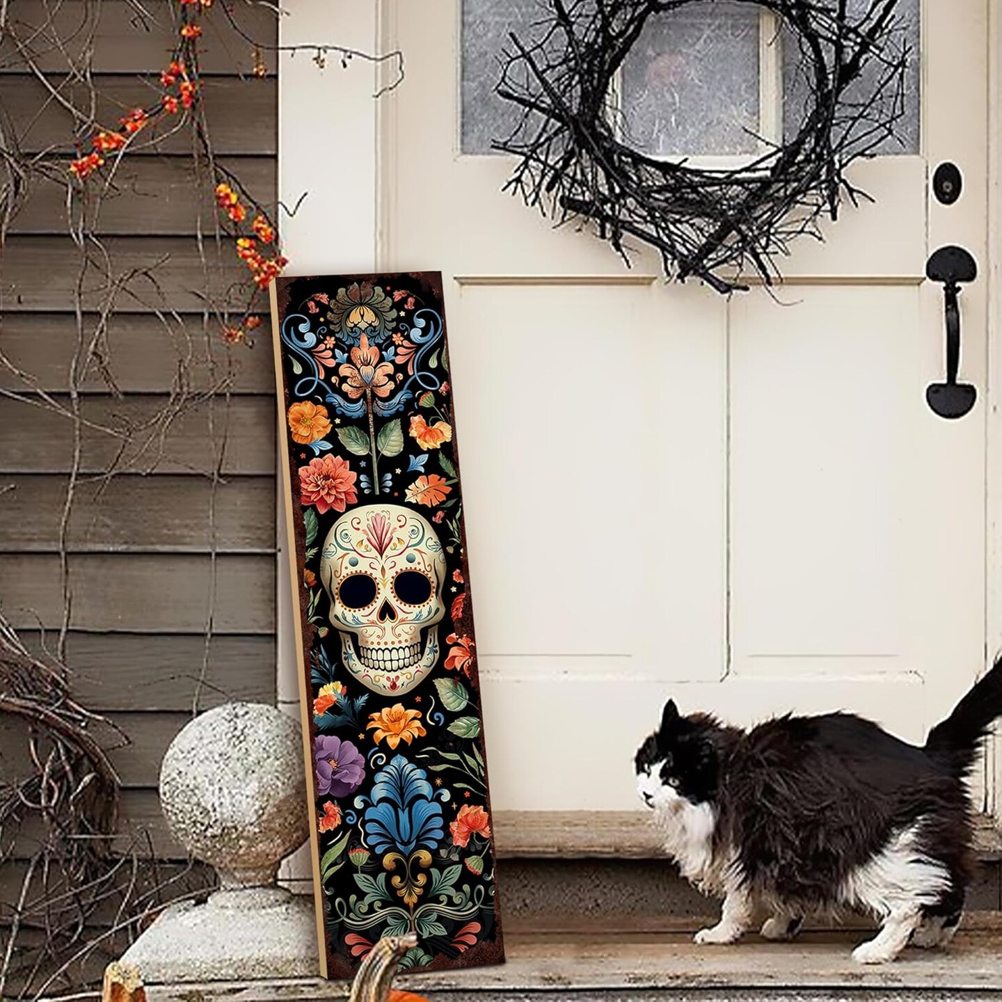 Halloween Front Porch Sign Day of the Dead Wooden Sign Dia De Los Muertos Sugar Skull Welcome Sign, Fall Porch Sign for Front Door Decorations, Lawn Decor Garden Hanging Signs Wall Sign 31.5&#x22;H