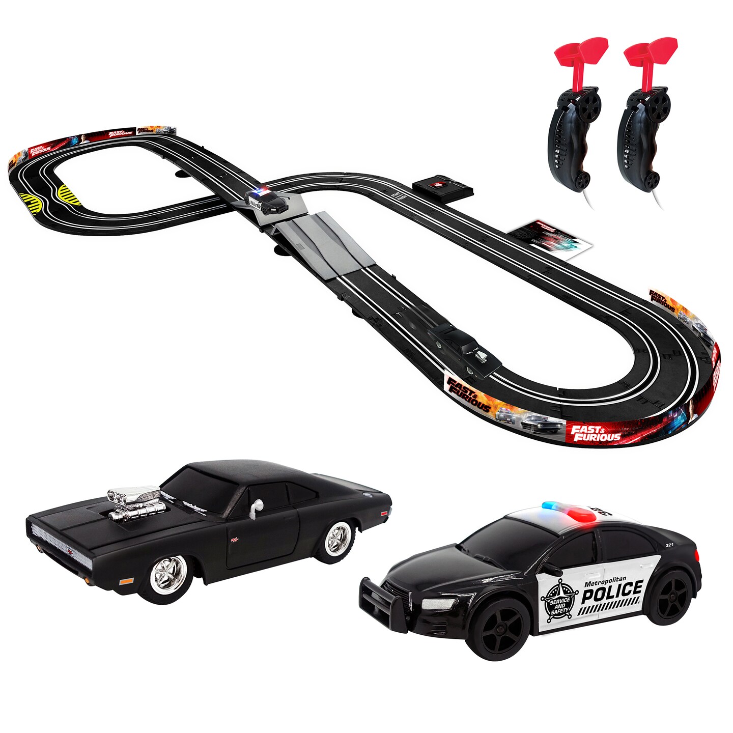 Fast &#x26; Furious: Ultimate Speed Raceway Slot Car Set- Officially Licensed, 71.7&#x22; x 36.6&#x22; Racetrack Layout, Two 1:43 Replica Cars, Two Player Race Controllers, Ages 3+