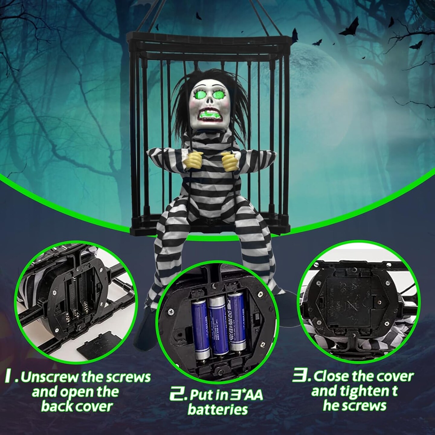 Prisoner Animated Halloween Decorations, Halloween Decor Prop with Motion Sensor Activated Light Up Eyes Spooky Scary Cage Ghost,Halloween Decorations for Indoor Outdoor Haunted House Decor