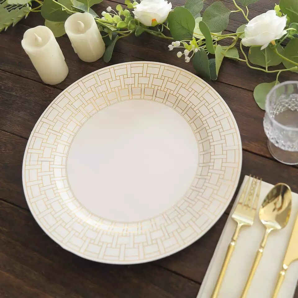 10 White Paper Charger Plates Gold Basketweave Design Rim Party Home Tableware