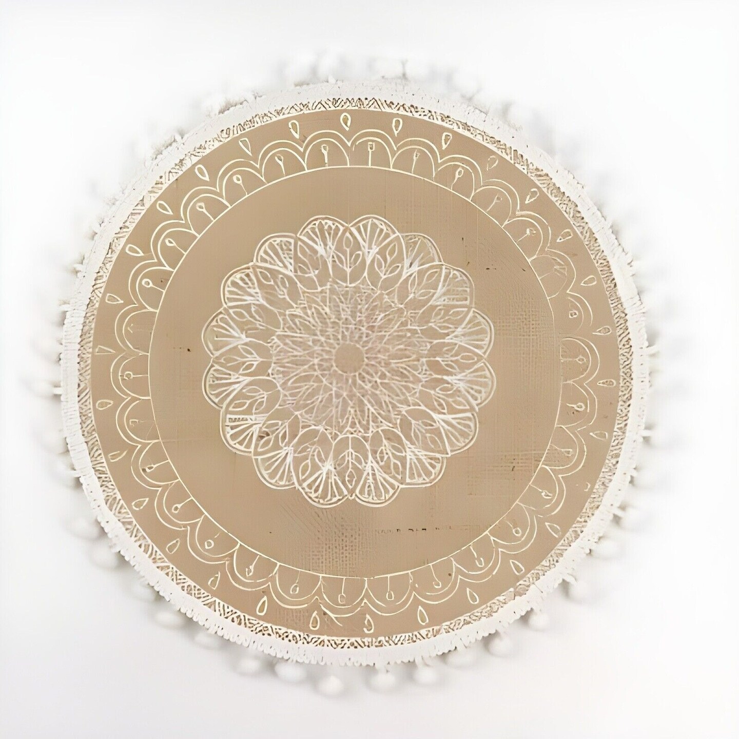 4 Round 15" Natural White Printed Burlap Woven Placemats Beaded Rim Party Events