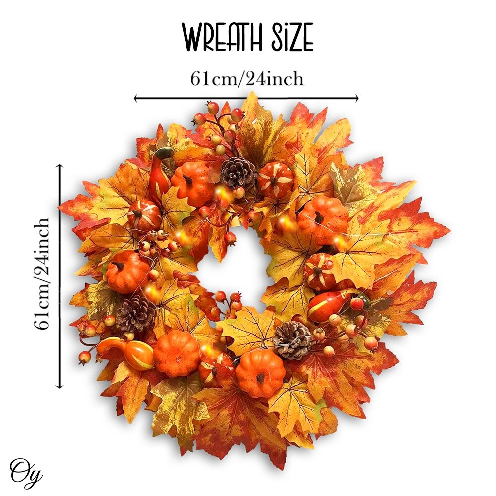 Rustic Harvest Illuminated 24&#x22; Fall Wreath, Lighted with Maple Leafs, Pinecones, Pumpkins and Autumn Berries