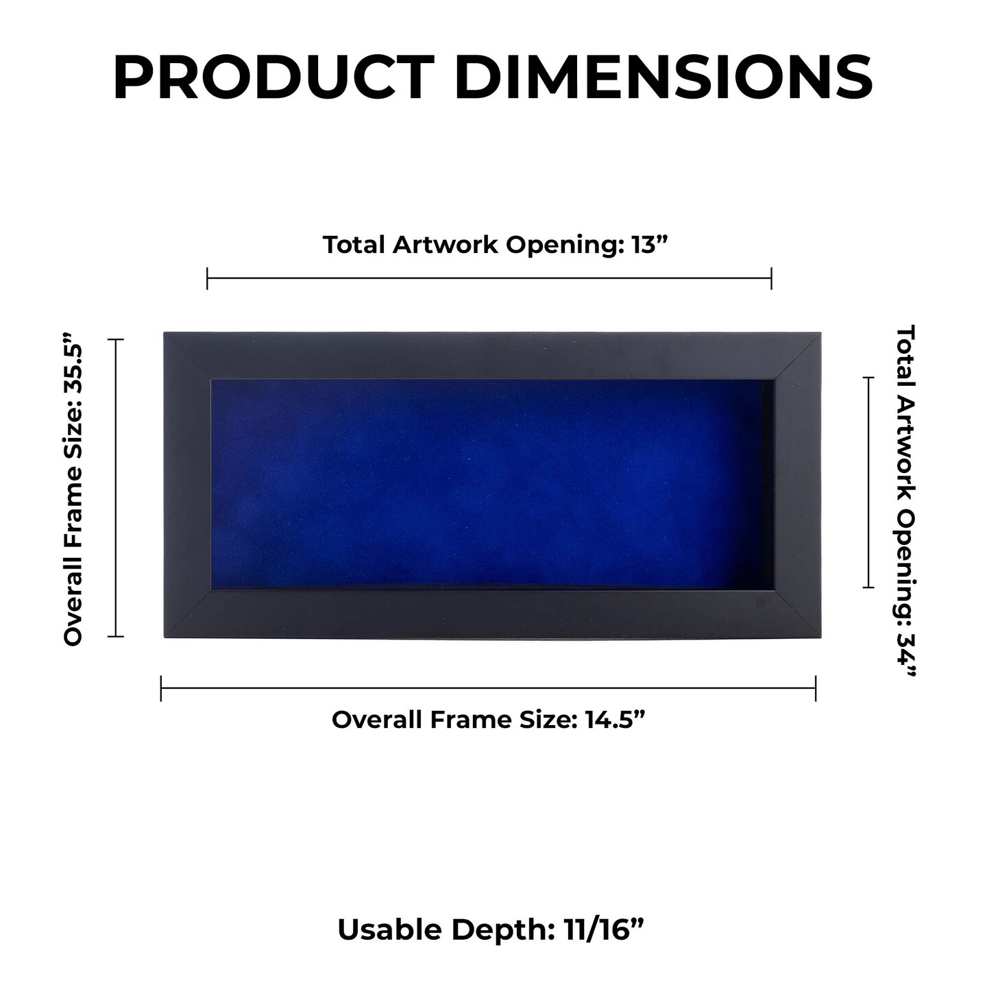 Classic Black Wood Shadown Box Frame with Acrylic Front - Royal Blue Suede Backing, 30 Sizes