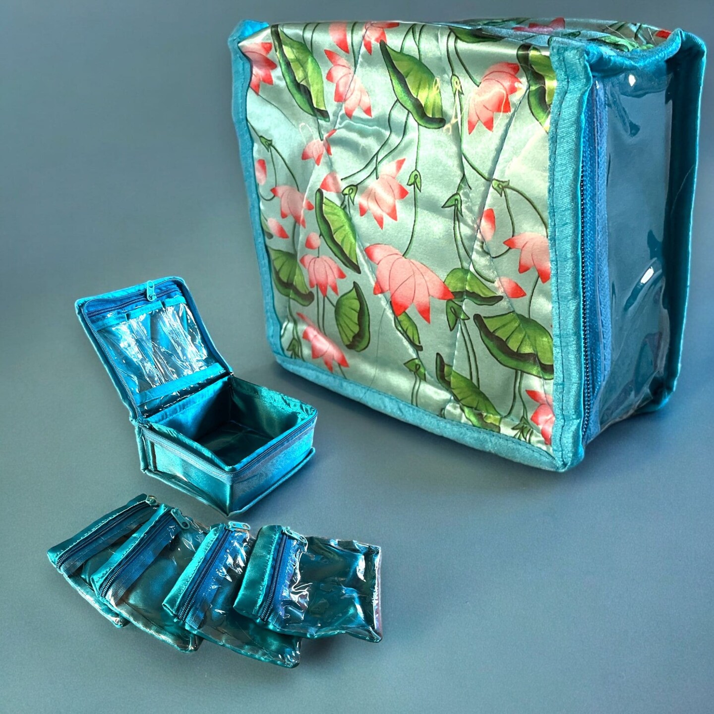 Lotus Print Indian Jewelry Box Satin Pouches Jewellery Traveling Organizer Storage Bag with 4 Transparent Pouches Indian Wedding Favor Bridesmaid Gift