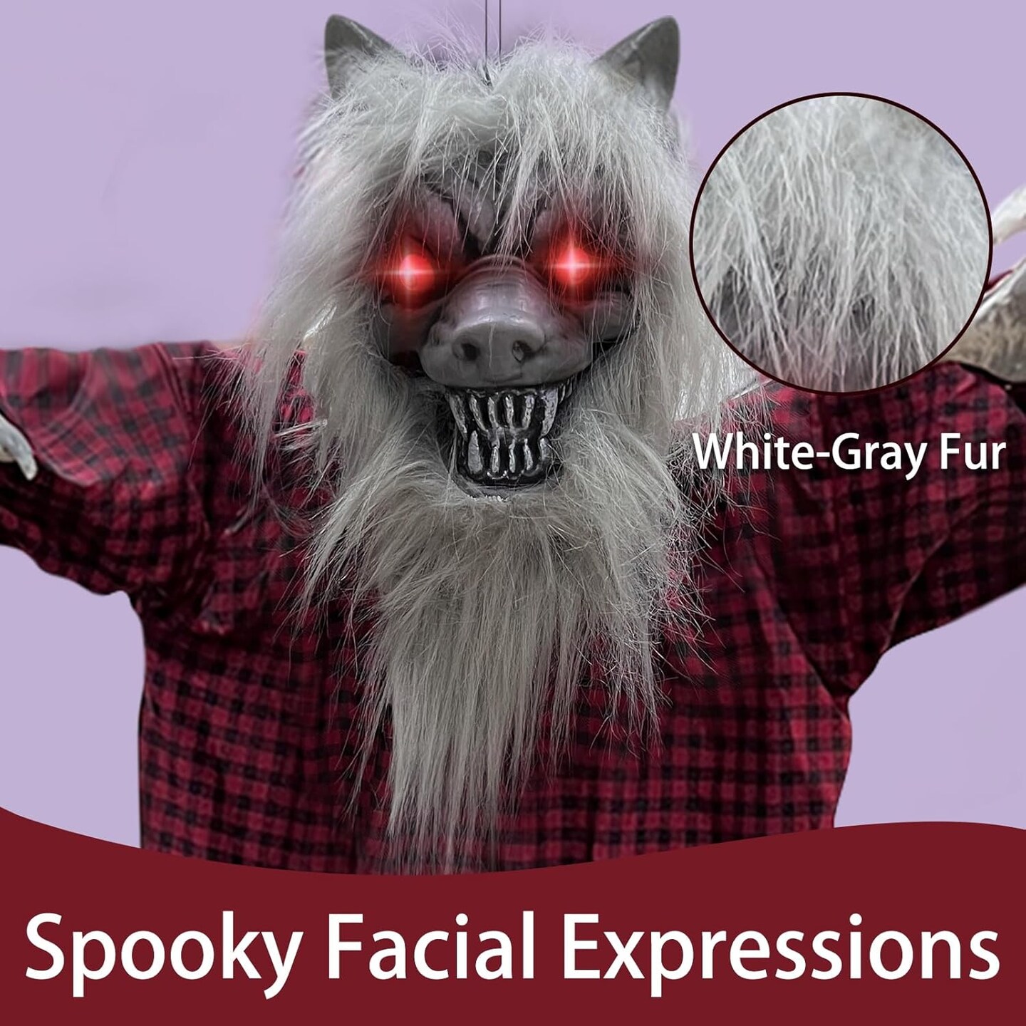 Motion &#x26; Howling Plaid-Clad Werewolf Animatronic Halloween Decoration Sound Activated, Light-Up Red Eyes Poseable Arms, 47 Inch Hanging Halloween Prop for Outdoor Haunted House Scary Decor