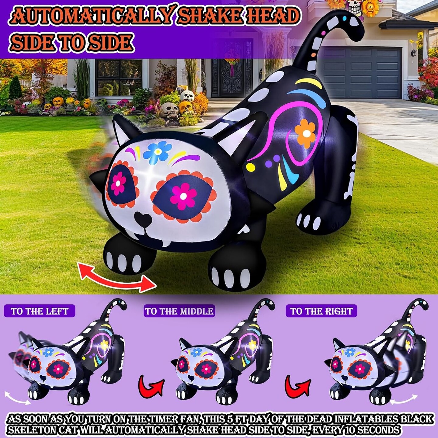 5 Ft Day of The Dead Halloween Inflatables Skeleton Black Cat with Sugar Skull