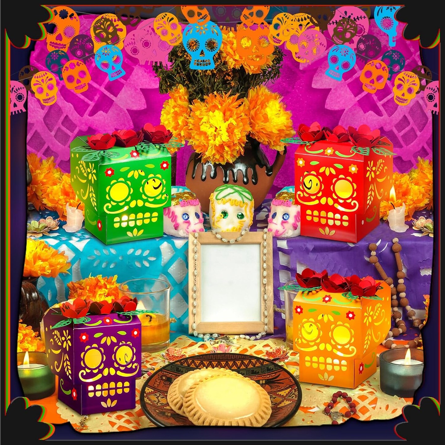 32 Sets Dia De Los Muertos Luminary Bags Lanterns with Flameless Tea Candle Halloween Day of The Dead Paper Treat Bags Flame Resistant Candle Box for Dia De Los Muertos Party Decorations