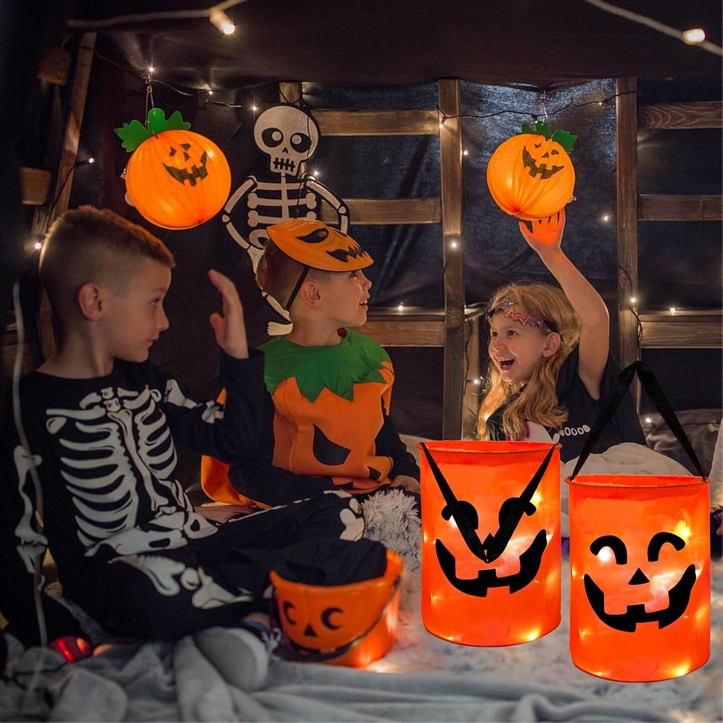 LED Light Halloween Candy Bags for Kids Light up Multipurpose Halloween Trick or Treat Bucket with Pumpkin Smile Face for Halloween Party Favors Goodie Bags,Orange