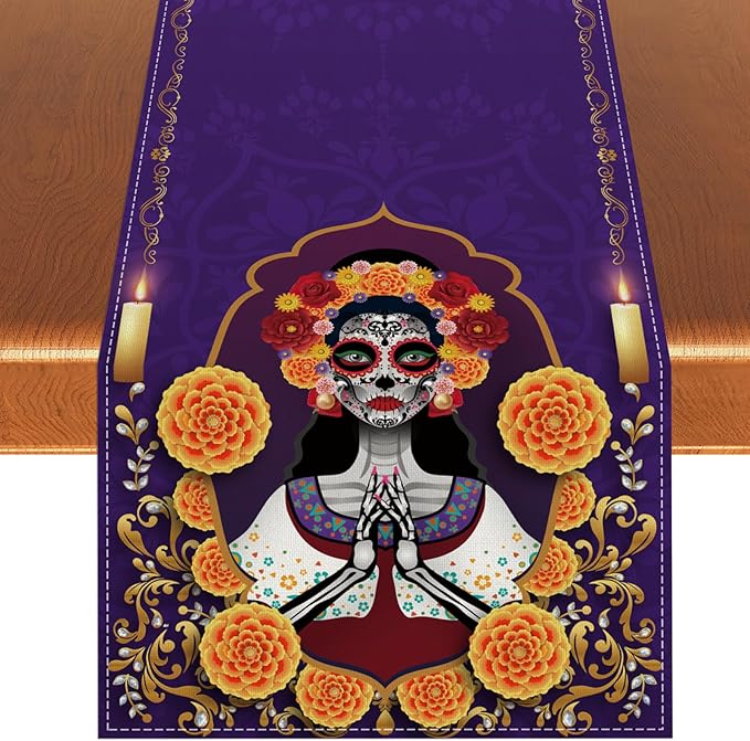 De Los Muertos Tablecloth Sugar Skull Marigold Mexican Fiesta Party Decoration and Supplies for Home Kitchen Table-13×72''
