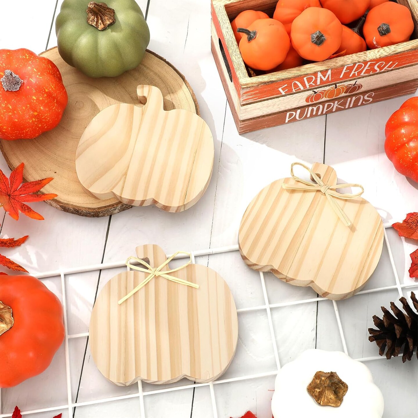 6Pcs Fall Pumpkin Wooden Sign Cutouts with Raffia