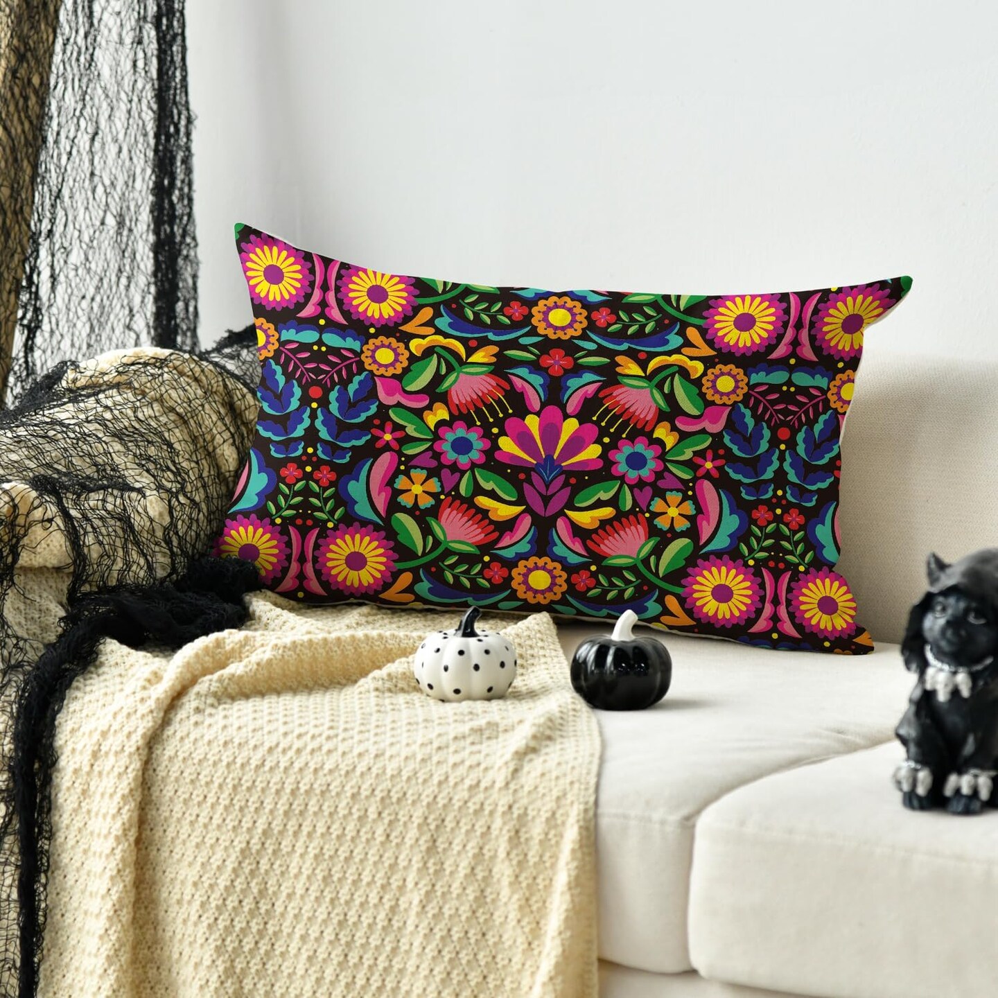 Death Flower Throw Pillow Cover, 12 x 20 Inch Day of The Dead Halloween Cushion Case Holiday Decor for Sofa Couch