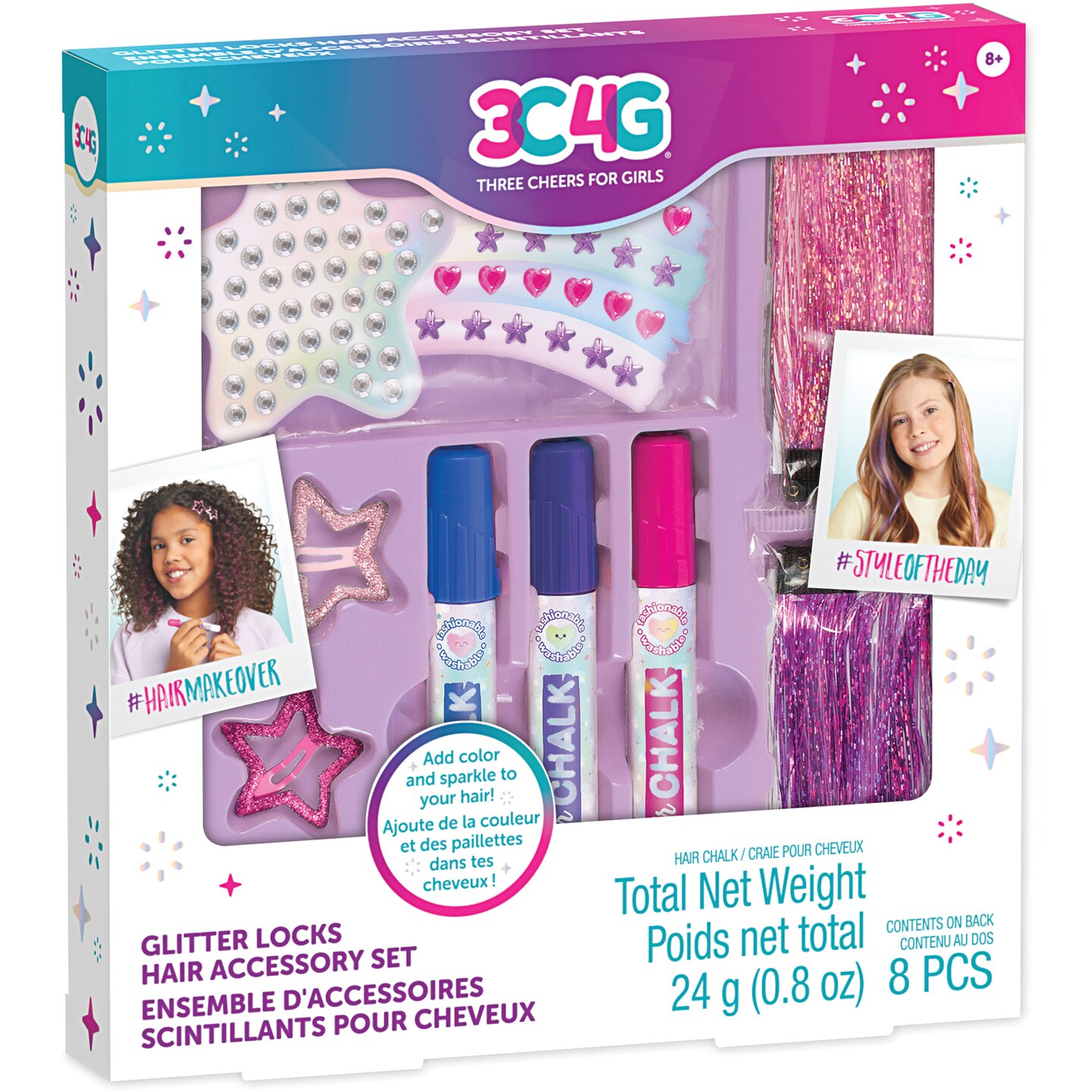 3C4G: Imagination Land Glitter Locks Hair Accessory Set - 8pcs, Add Color &#x26; Sparkle To Your Hair, Three Cheers For Girls, Kids Ages 8+