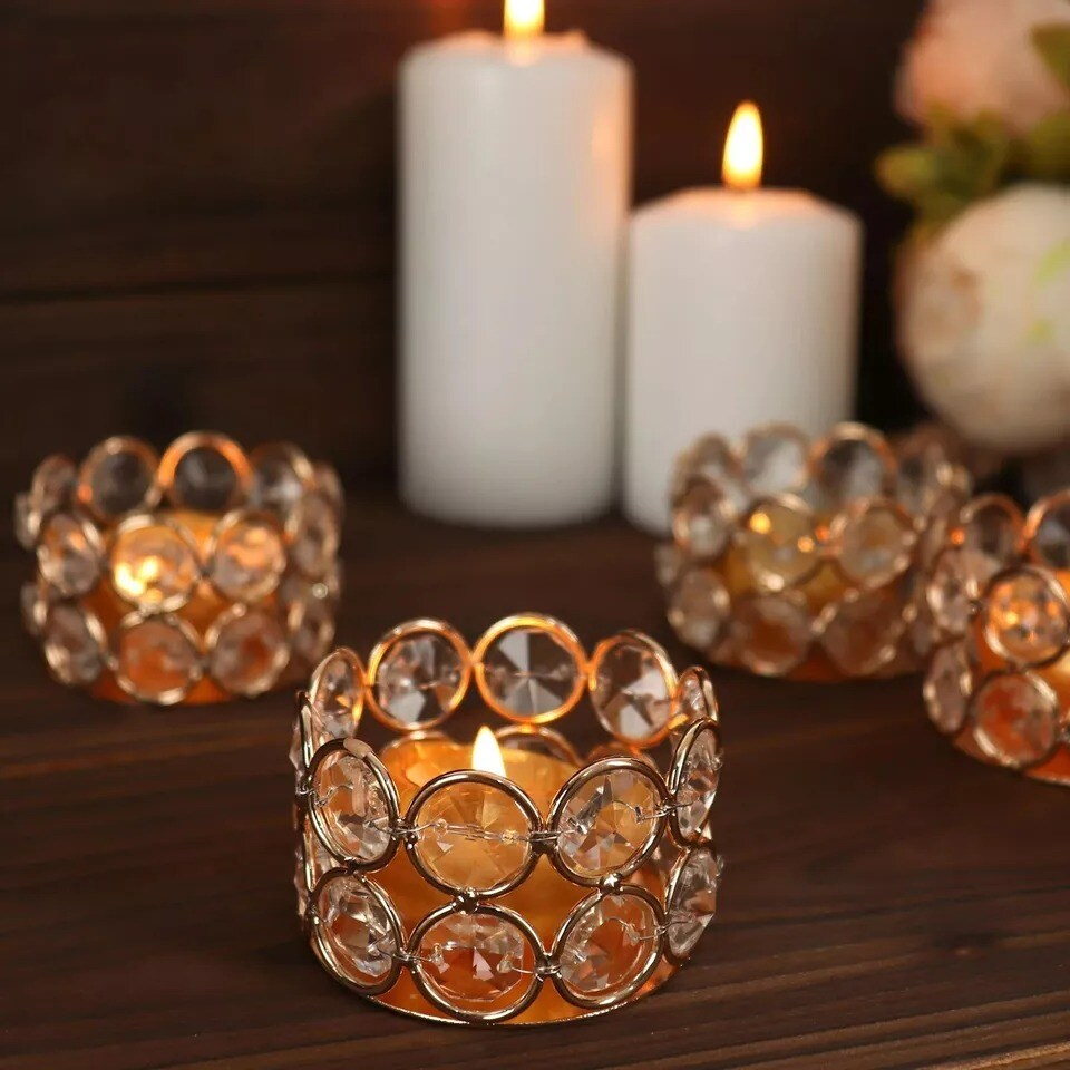 Gold 6 Round 1.5&#x22; Crystal Beaded Metal Tea Light Candle Holders Party Events