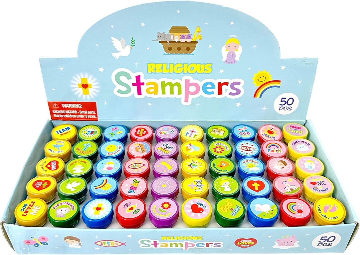 Tiny Mills 50 Pcs Religious Assorted Stampers for Kids Religious Prizes Carnival Prizes Vacation Bible School Sunday School Prizes