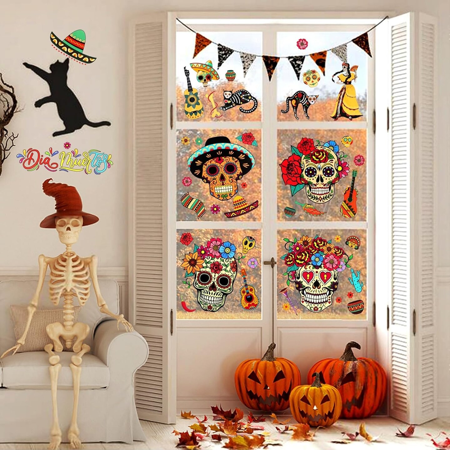 9 Sheets Mexican Day of The Dead Window Clings Dia de Los Muertos Window Decals Sugar Skull Window Clings for Halloween Day of The Dead Party Decorations