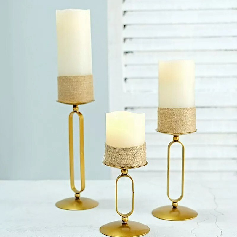3 Gold Geometric Oval Metal Pillar Candle Holders Wedding Party Events Supplies