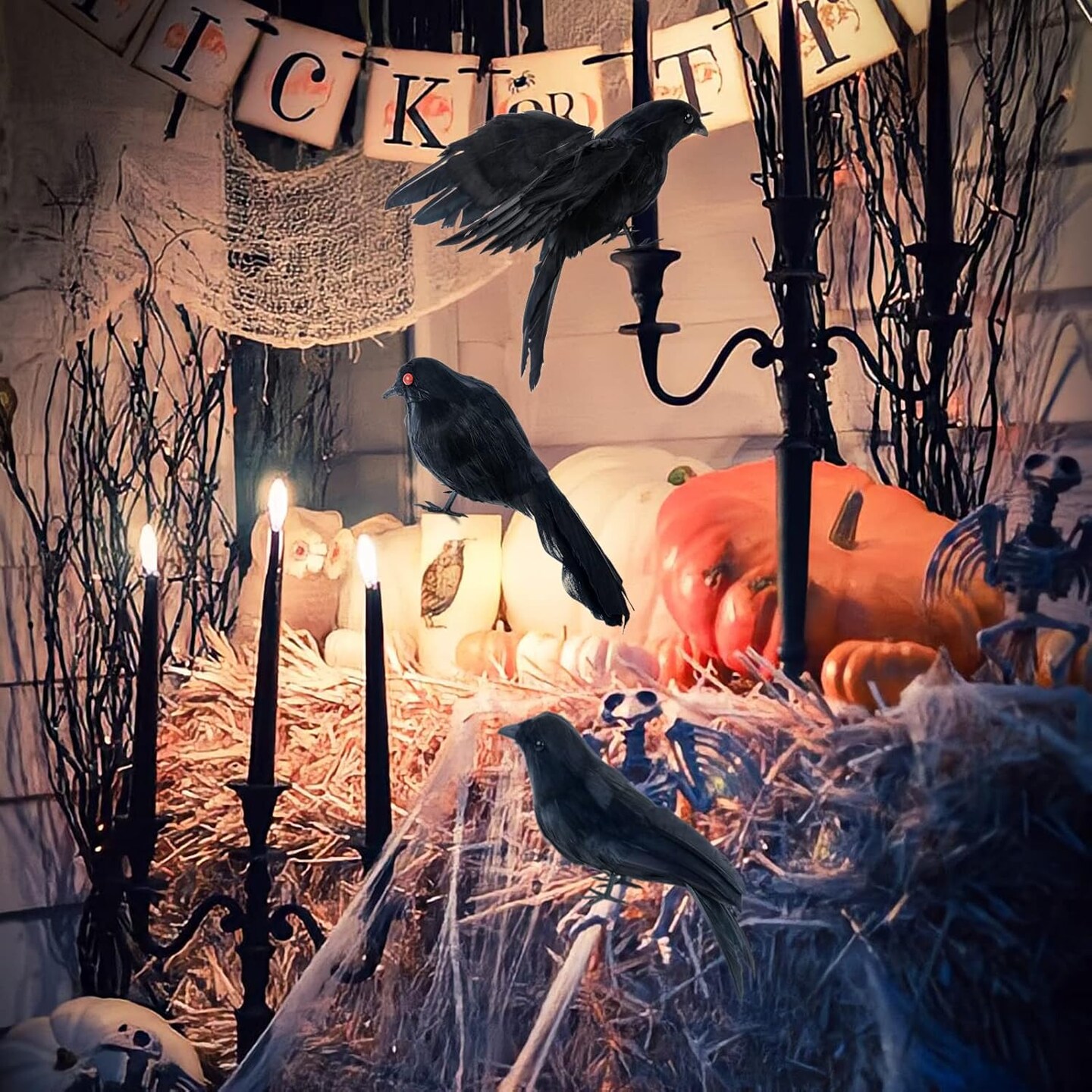 3 Pack Raven Decor - Halloween Decor Fake Crows Black Birds Ornaments, Realistic Looking Handmade Feathered for Halloween Props Indoor Outdoors Party Decoration