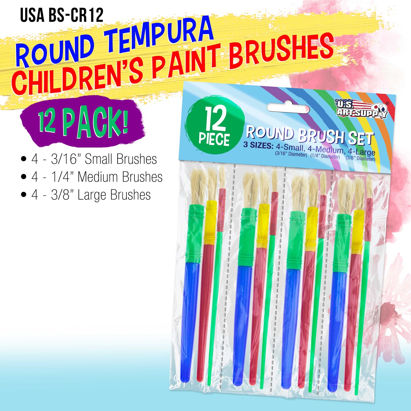 U.S. Art Supply 12-Piece Round Children&#x27;s Tempera Paint Brush Set in 3 Sizes, 4 Small, 4 Medium, 4 Large - Fun Kid&#x27;s Party, School, Student, Craft