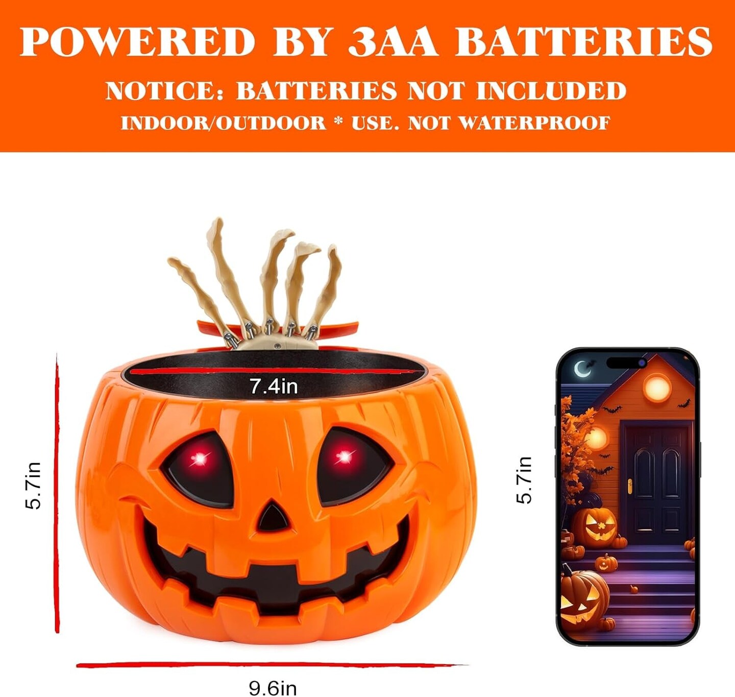 Animatronic Halloween Candy Bowl Decorations - Motion Activated Pumpkin Candy Bowl with Creepy Sound, Skull Hand, Glowing Eyes, for Trick or Treat, Indoor Halloween Party Decoration Candy Bowl