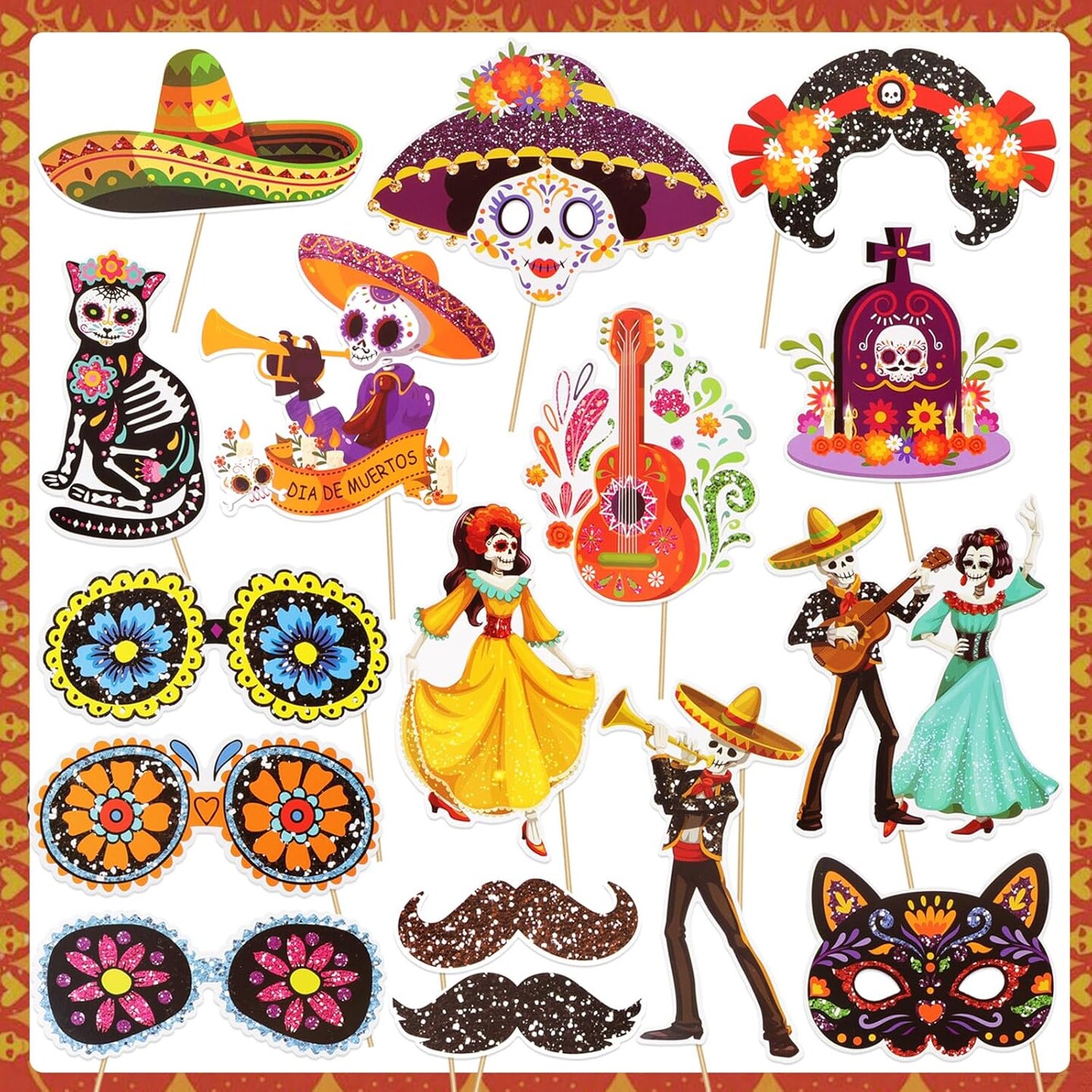 Glitter Day of The Dead Photo Booth Props, Dia De Los Muertos Skull Decorations Photo Props Kits for Day of The Dead Party Favor, Mexican Fiesta Halloween Glitter Prop Pose Sign 30pcs