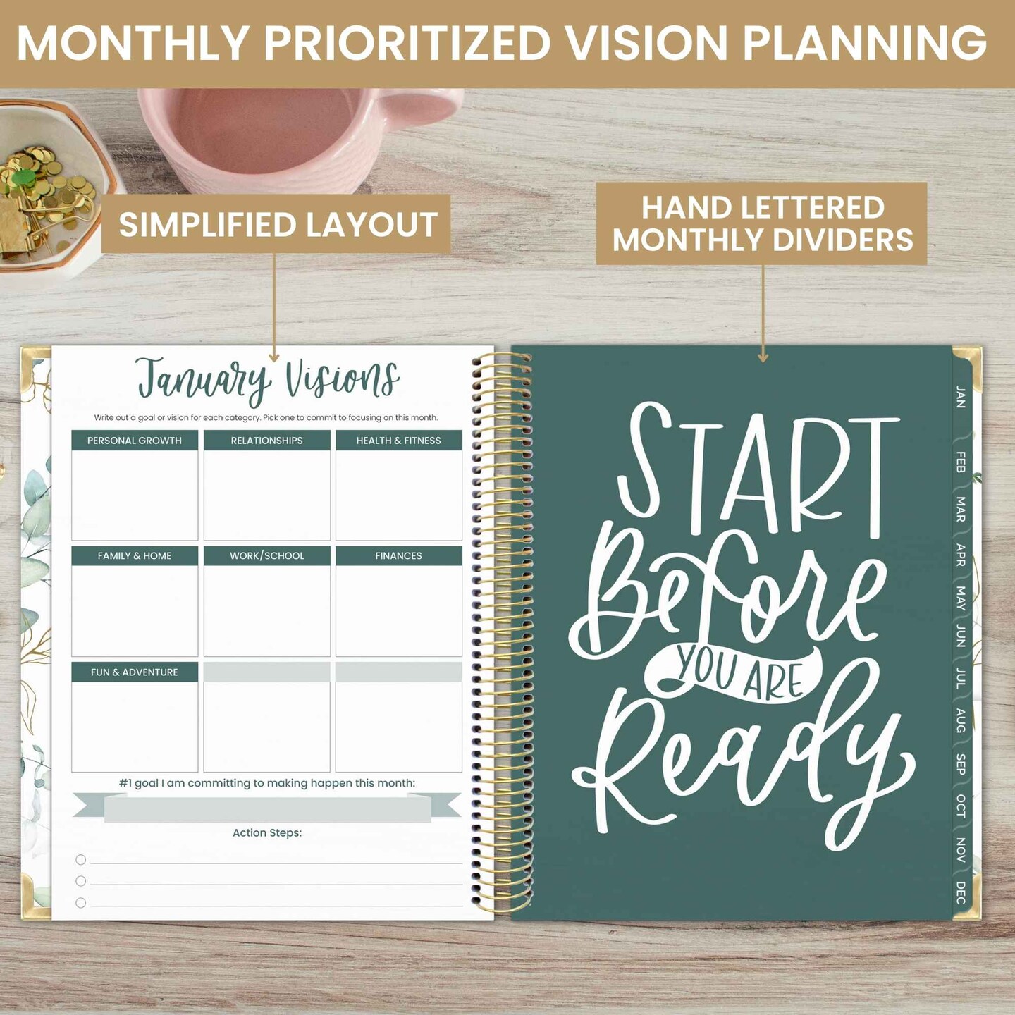 bloom daily planners 2025 Vision Planner, 7.5&#x22; x 9&#x22;, Eucalyptus, White