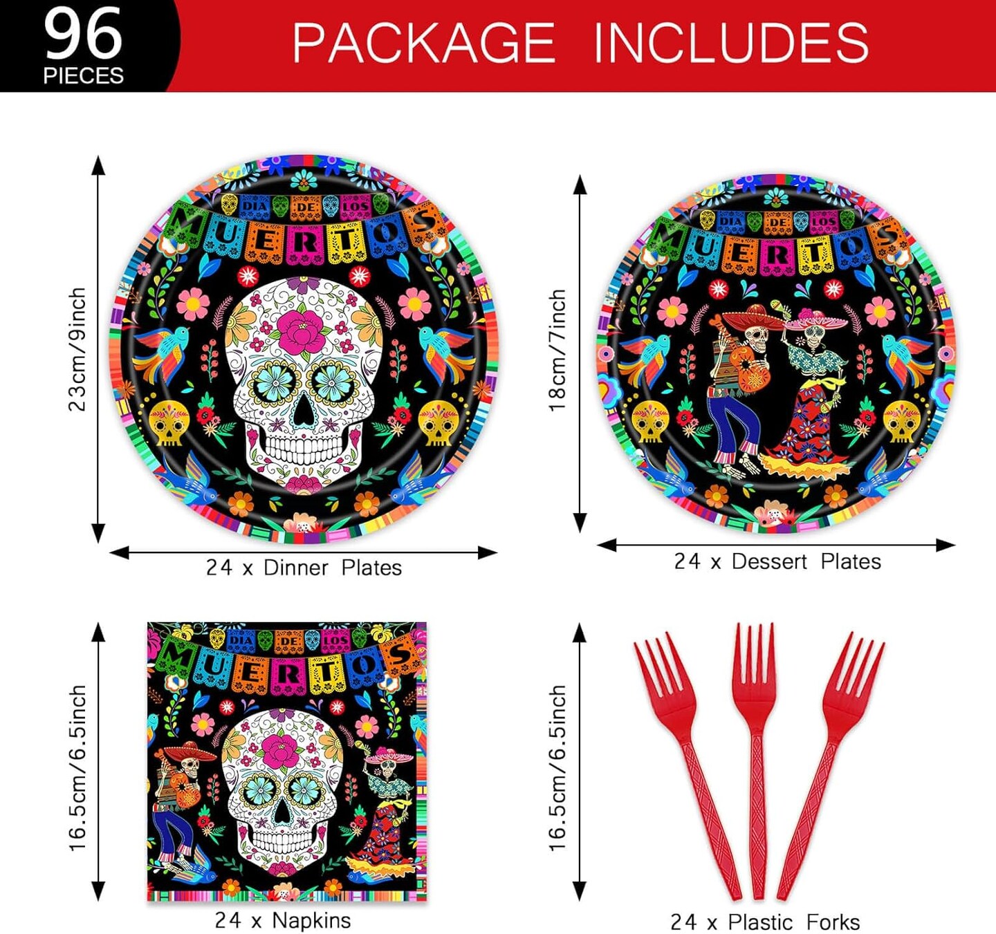 96Pcs Day of The Dead Plates Napkins Mexican Dia DE Los Muertos Party Supplies Tableware Fiesta Sugar Skull Dinnerware for Halloween Party Serve 24 Guests
