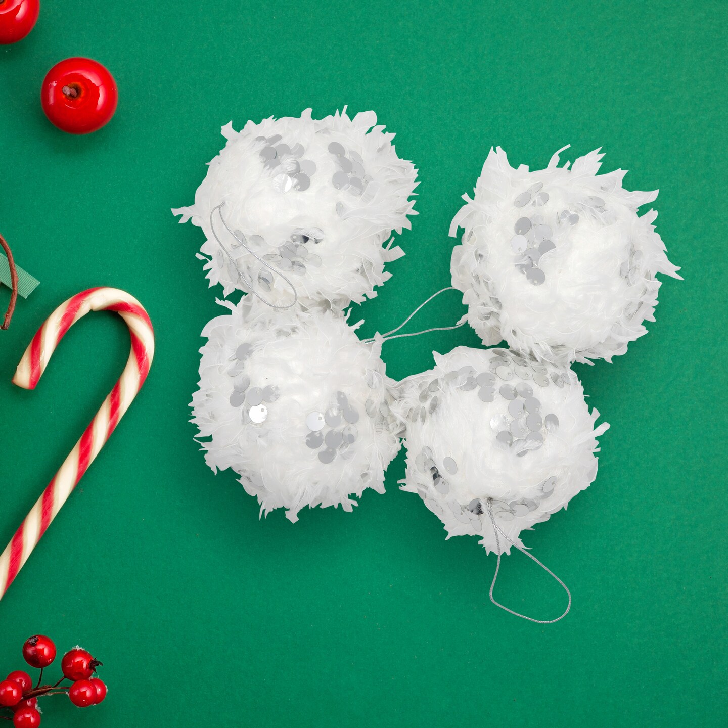 Northlight Feather Ball with Large Sequins Christmas Ornaments - 3.5&#x22; - White - Set of 4