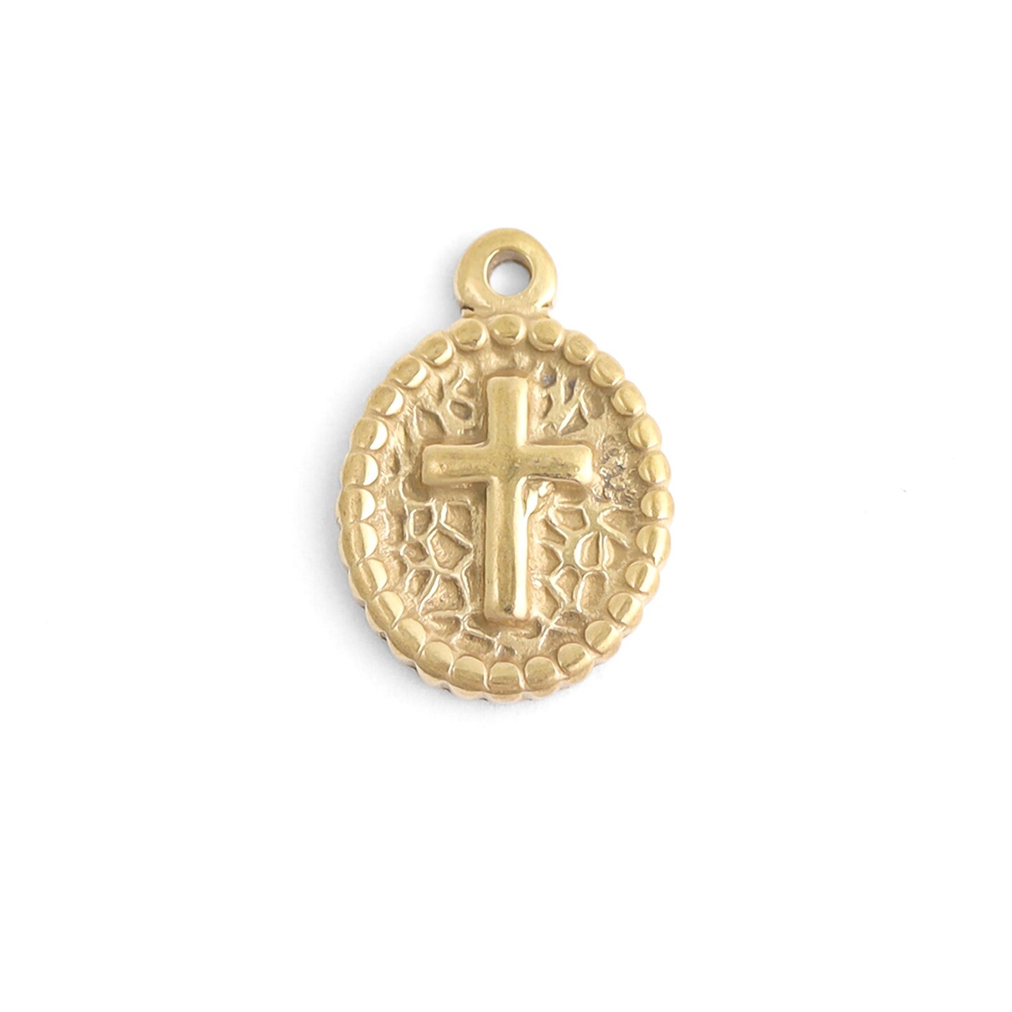 18K Gold PVD Stainless Steel Textured Medallion Cross Charm - DIY Charm Necklace Charms