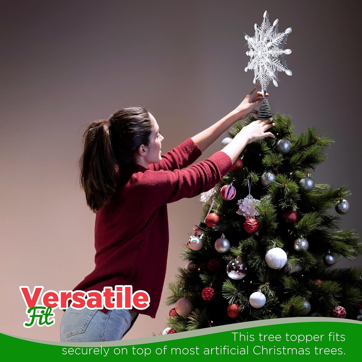 4E's Novelty 12" Silver Glitter Snowflake Tree Topper – Metal Christmas Star with Gems