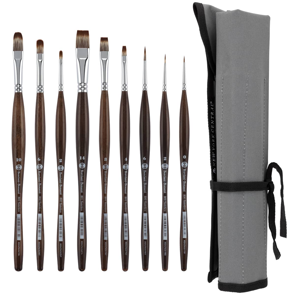 Borciani e Bonazzi Unico Synthetic Mongoose Artist Paint Brush - Set of 9 w/ Case - Watercolors, Oil & Acrylic Paint - Handcrafted in Italy, Anti-Roll Design, Ergonomic Medium Handle