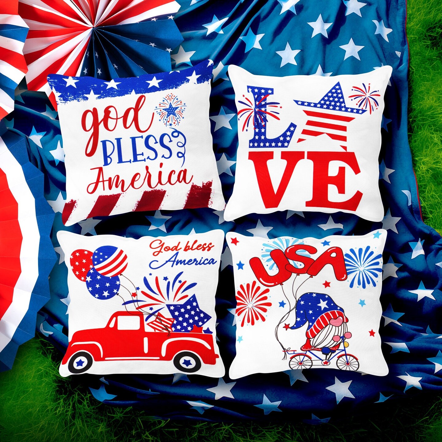 G128 Patriotic Decoration Gnome & Fireworks Waterproof Throw Pillow | 18 x 18 in | Set of 4, Beautiful Cushion Covers for Independence Memorial Day Sofa Couch Decoration, Pillow Insert Included