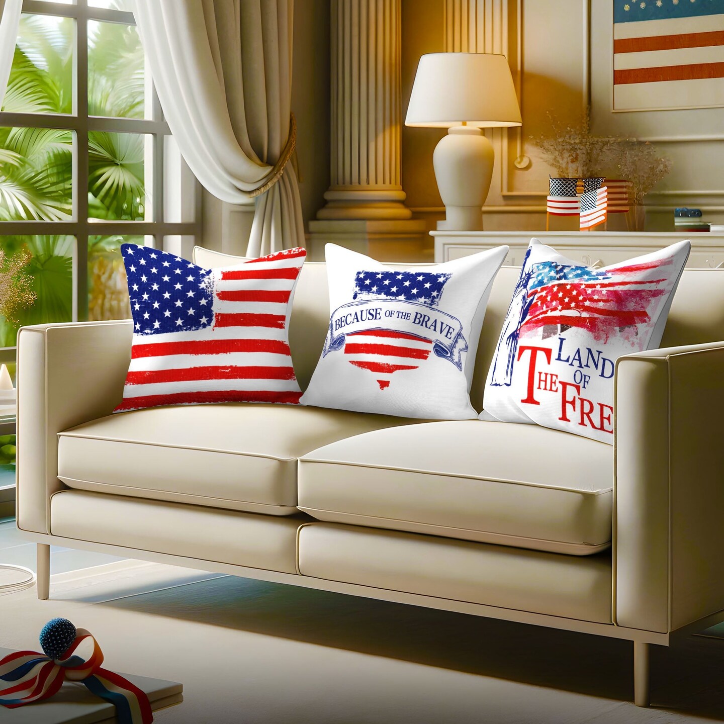 G128 Patriotic Decoration Land of Free Waterproof Throw Pillow | 18 x 18 in | Set of 4, Beautiful Cushion Covers for Independence Memorial Day Sofa Couch Decoration, Pillow Insert Included