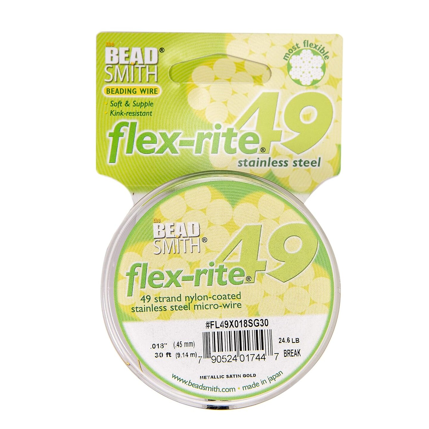 The Beadsmith Flex-Rite Beading Wire - Stainless Steel Micro Flexible Wire, 49 Strand, Gold Color, .018" Diameter, 30-Foot Spool, Nylon Coated
