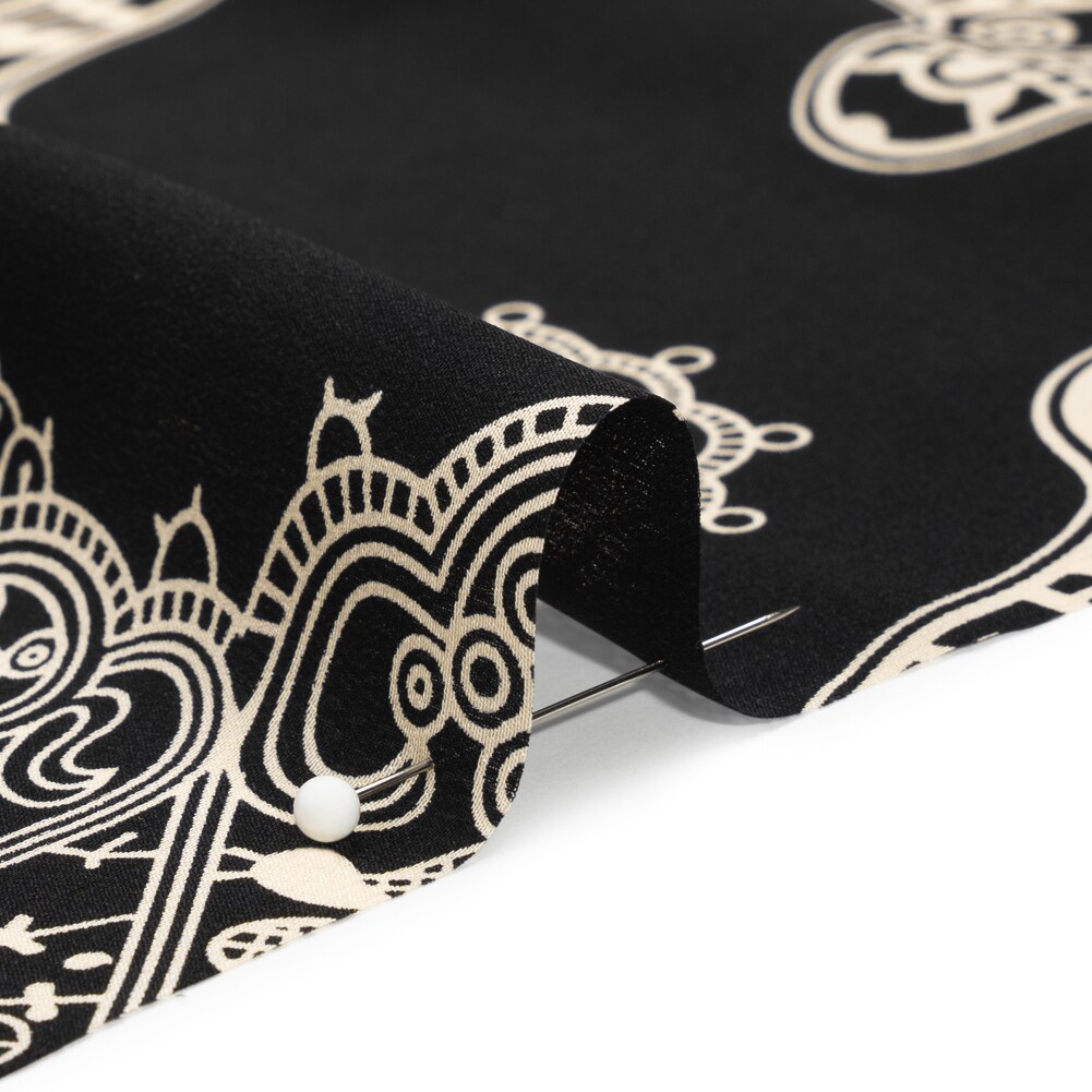 1 Yard Black & Cream Eye Medallions Silk Crepe de Chine Fabric for Blouses & Evening Dresses 54 Inches Wide