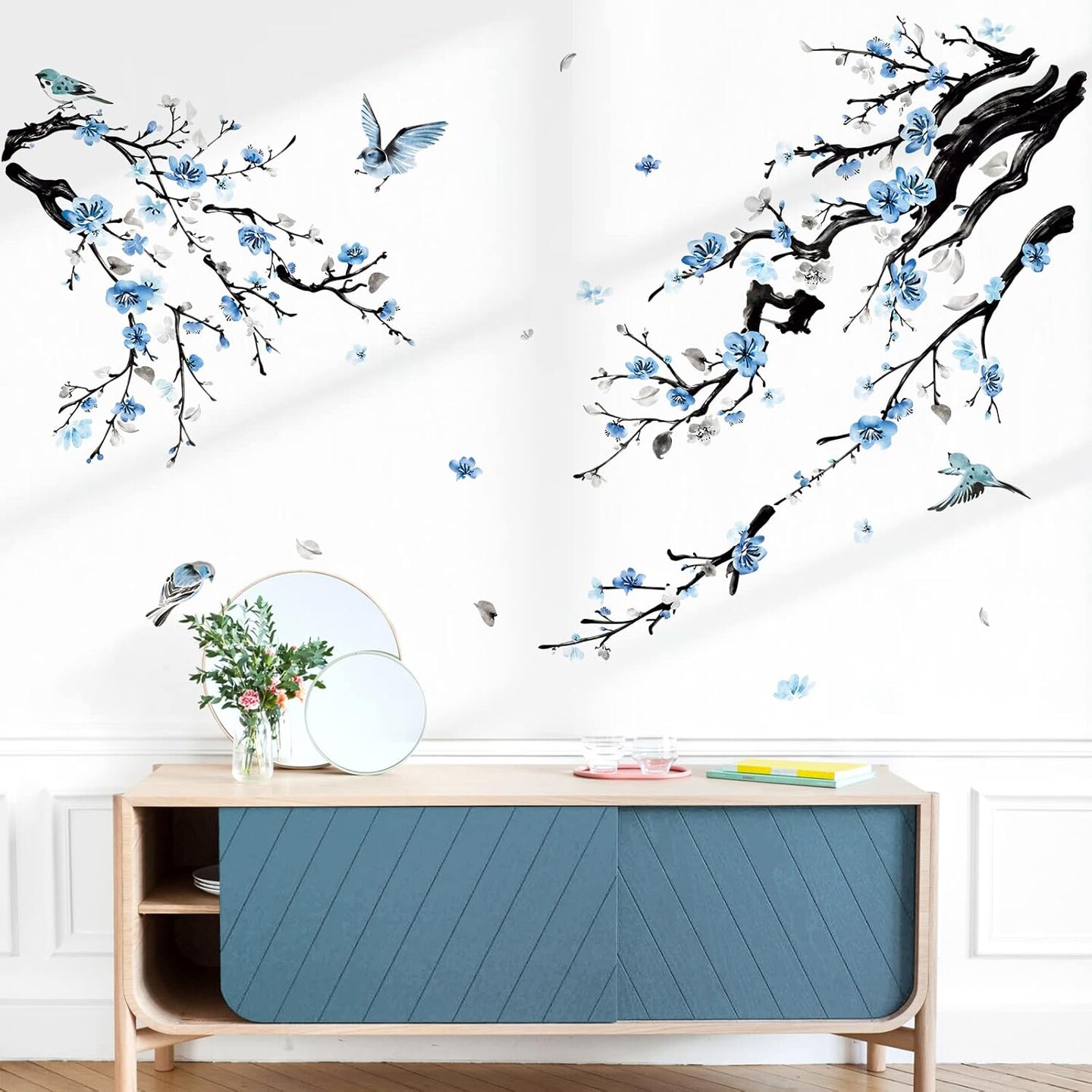 Watercolor Flower Tree Branch Wall Stickers Blossom Blue Floral Birds Peel